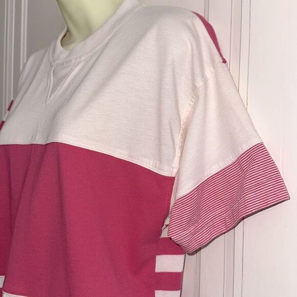 Vtg 80s Greenline Sport Bright Pink & White Striped Crew Neck Short Sleeve Shirt - Picture 4 of 8